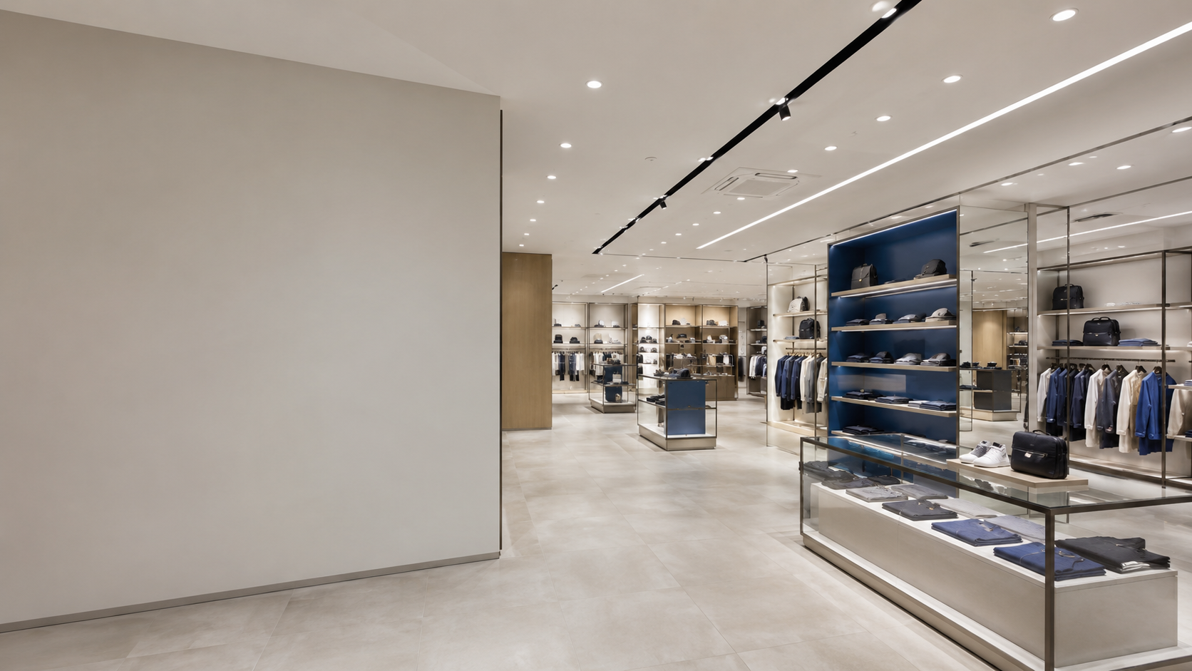 Interior de una tienda con iluminación LED comercial en vitrinas y pasillos