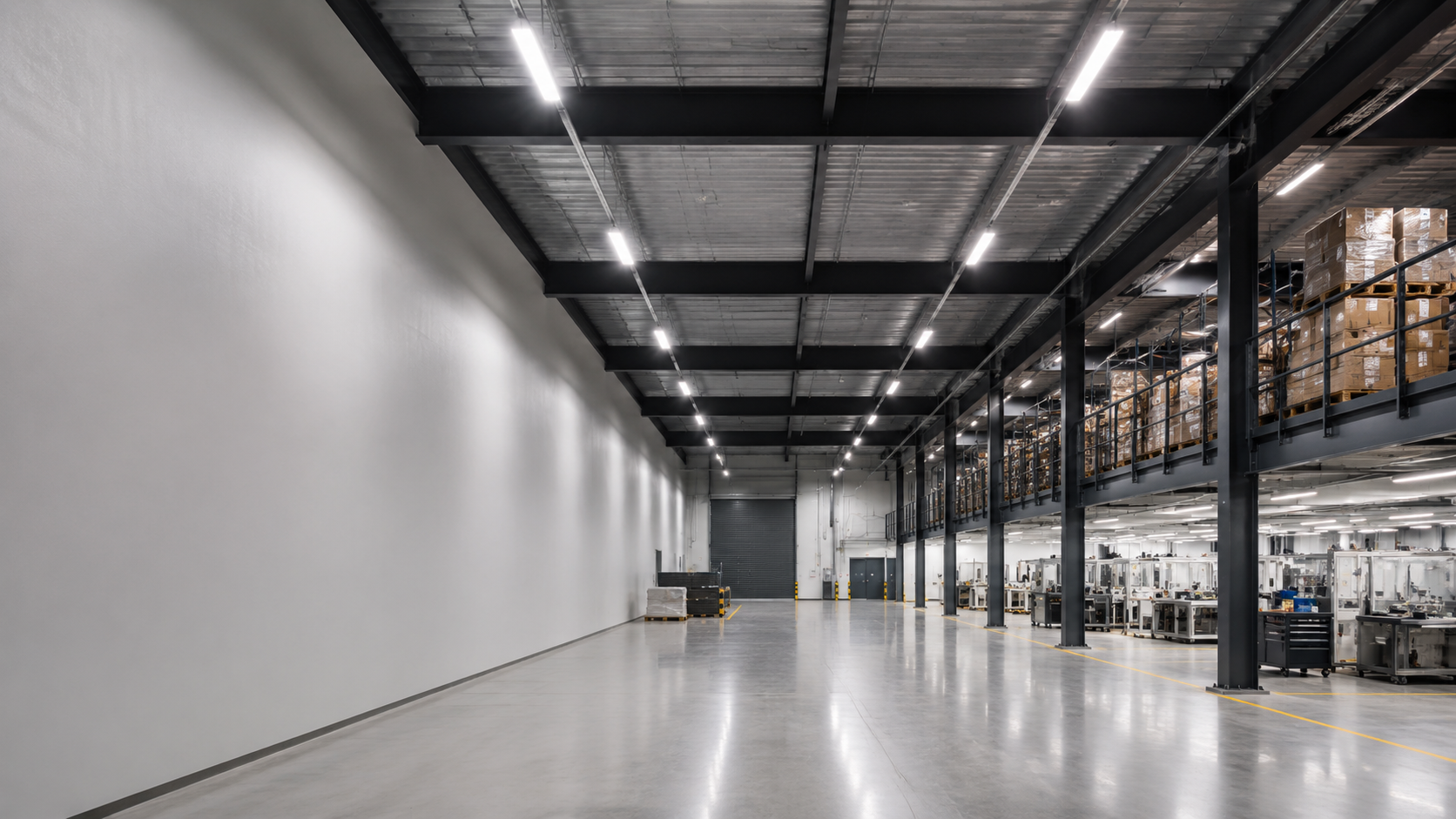 Iluminación LED instalada en una nave industrial y área de almacenamiento